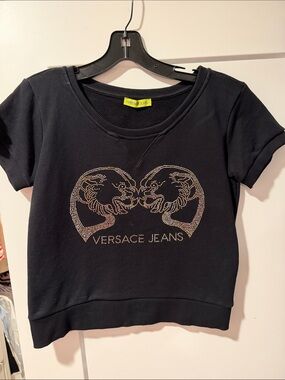 Versace Jeans Collection Black Cropped Rhinestone Logo Sweatshirt